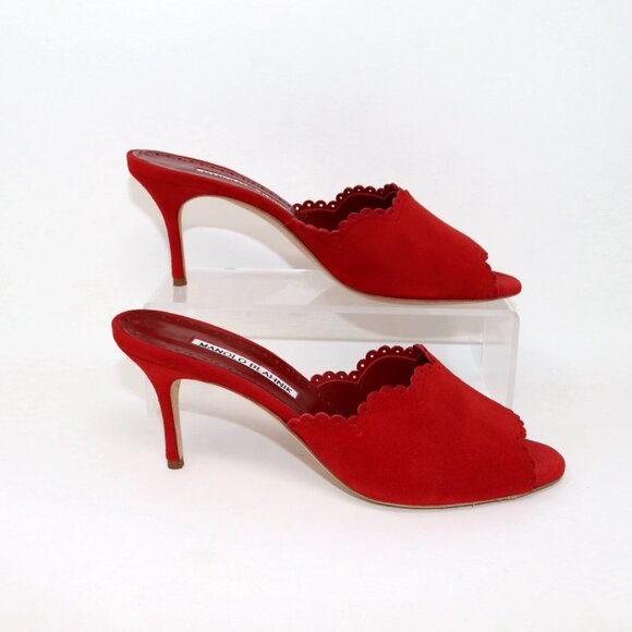 Manolo Blahnik 37.5 Scallop Lace Edge Red Suede Sandal Mule Heel - Picture 3 of 10